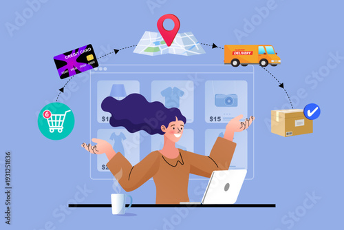Female character with web store interface showing credit card payment map location and delivery truck symbols. Flat vector for e-commerce business workflow and digital retail supply chain concepts