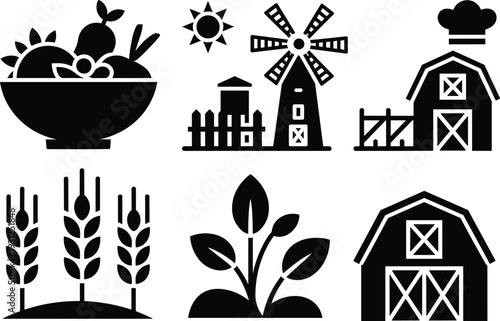 Organic farm silhouette icon set barn windmill wheat plant fruit bowl rural agriculture vector illustration collection