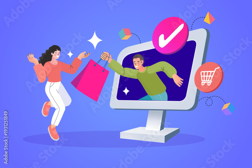 Female character celebrating as shop staff delivers product from monitor with check mark and cart icons. Modern vector for e-commerce customer service and digital retail experience concepts