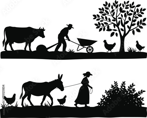 Rural farm silhouette scene with farmer cow donkey chickens tree and wheelbarrow countryside agriculture vector illustration set