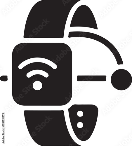 Smart wearable technology icon set, health monitoring devices, fitness tracker, smartwatch, biometric sensor symbols, black silhouette vector illustration