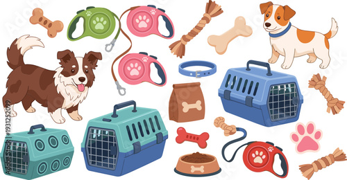 Dog accessories collection including leash carrier bowl and toys isolated on white background pet care vector illustration