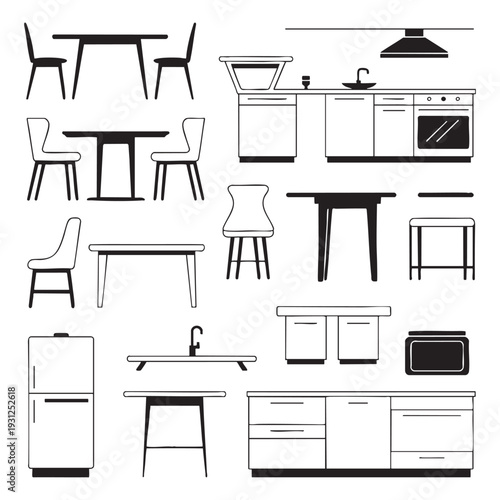 Minimalist black and white kitchen and dining room furniture set chairs table