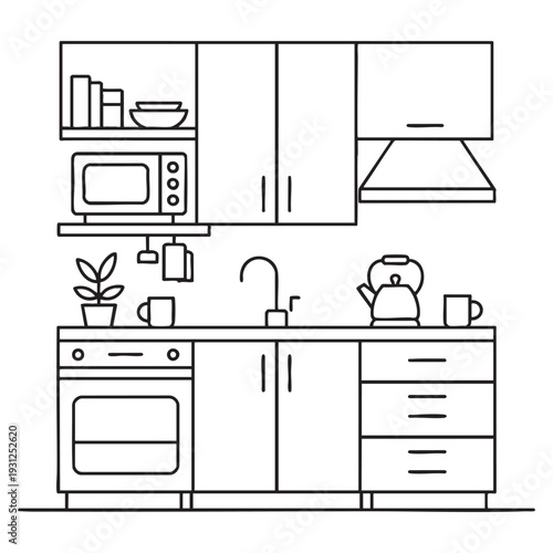 Minimalist black and white kitchen interior with appliances and utensils microwave oven