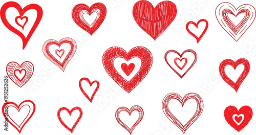 Hand drawn red heart collection in sketch style isolated on white background love and valentine vector illustration