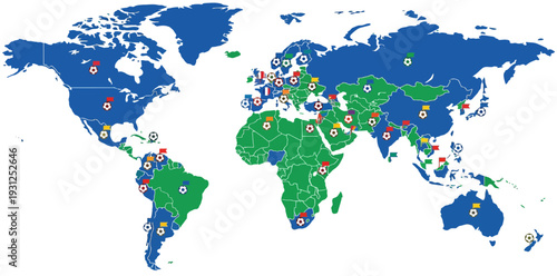 Global World Cup Icon Map with Football Symbols and Country Markers