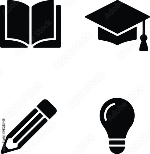 Education essentials silhouette sign collection with book, graduation cap, pencil, and lightbulb for academic apps and educational illustrations