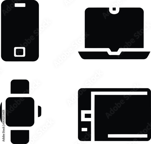 Tech device silhouette symbol set featuring laptop, smartphone, smartwatch, and tablet for digital apps and gadget UI design