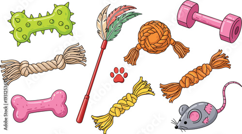 Pet Toys Collection with Rope Bone Dumbbell Mouse and Chew Accessories for Dogs and Cats Vector Illustration