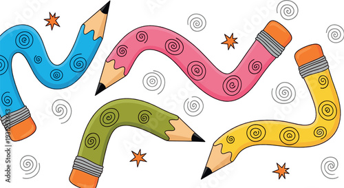 Colorful wavy pencils vector illustration set with spiral patterns, creative school supplies and playful education design elements