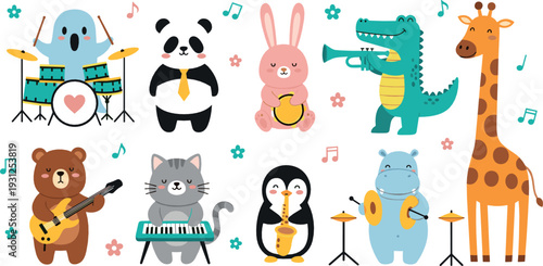Cute animal music band vector illustration with panda, giraffe, crocodile and bear playing instruments in cartoon style