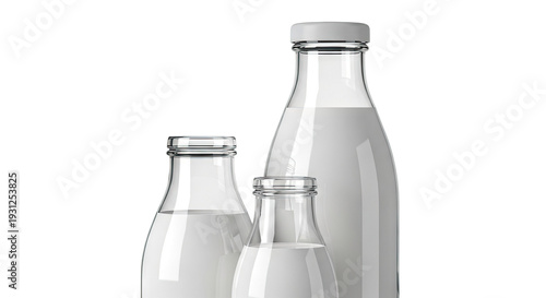 Three glass milk bottles with white liquid