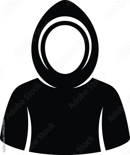 Simple black silhouette of a hooded figure facing forward with an empty face