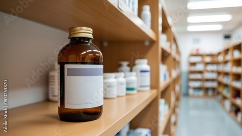 Close up of a brown medicine bottle with blank label on wooden shelf in pharmacy or warehouse.