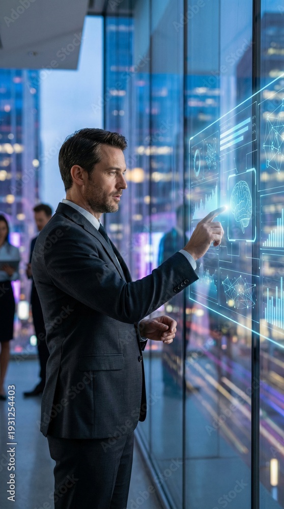 Fototapeta premium Businessman Interacting with Futuristic Holographic Interface in Modern Office with Cityscape View