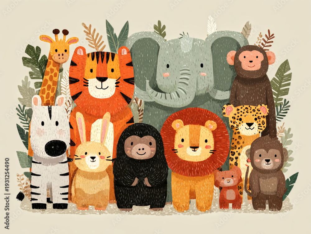 Fototapeta premium Wild Animals Gathering Tiger Lion Elephant and More in a Playful Jungle Scene