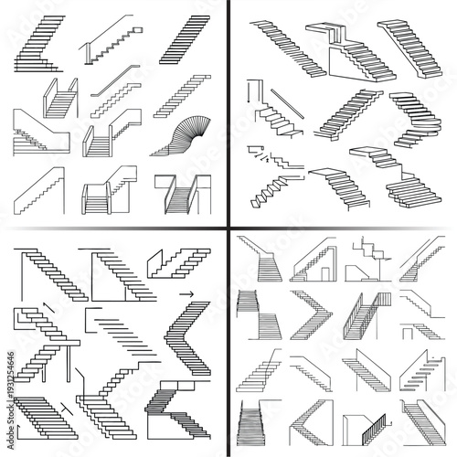 Various black and white of different types of stairs and staircases architectural steps