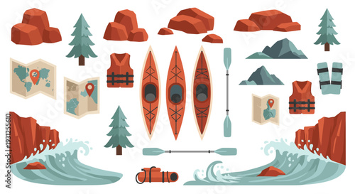 Vibrant Kayaking Adventure Set With Essential Gear And Scenic Elements For Outdoor Recreation And Travel