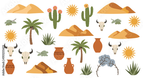 Desert landscape with cacti palm trees arid plants skulls vases and sand dunes under a bright sun