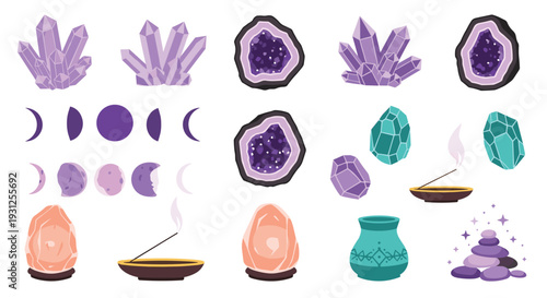 A collection of mystical and spiritual elements including crystals geodes moon phases incense burners salt lamps and decorative vases