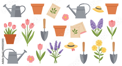 Gardening Tools Flowers Pots Watering Cans Seed Packets and Straw Hats Collection for Spring and Summer Planting Season