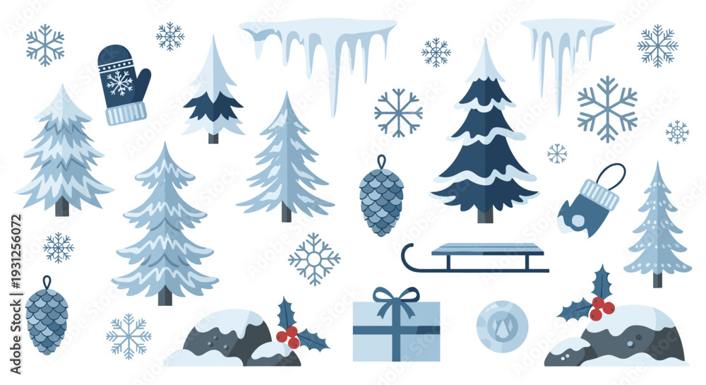 Fototapeta premium Festive Winter Holiday Elements Collection Featuring Snowflakes Christmas Trees Icicles Pine Cones Holly and Sled