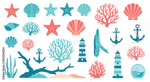 Vibrant collection of marine life and nautical elements including starfish seashells coral reefs anchors and lighthouses on a white background