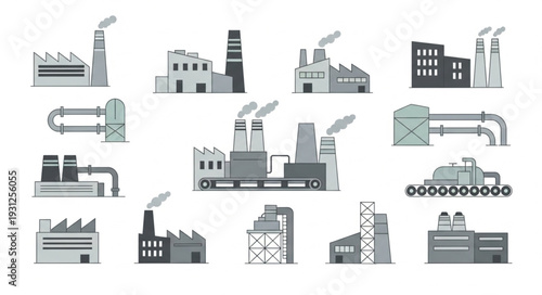Industrial Factory Buildings and Equipment Icons.