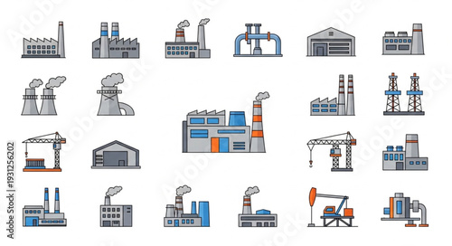 Industrial Factory Buildings and Equipment Icons.