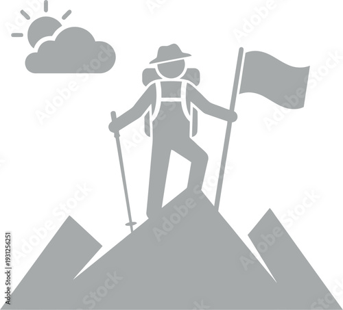 A lone hiker trekking uphill during a beautiful golden sunset in a minimalist pine forest. Vector