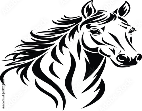 Majestic horse head silhouette, elegant tribal animal portrait, stallion mane flowing, artistic equine vector graphic illustration