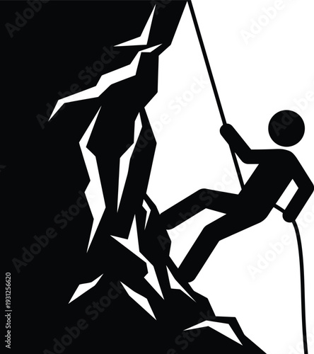 Silhouette of a climber being lowered by a rope with a team of people watching below Vector