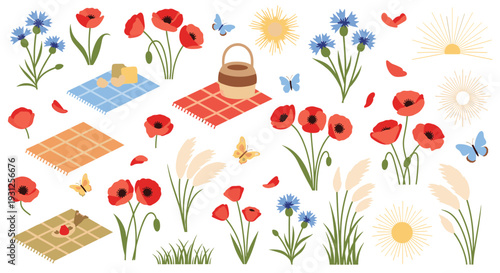 Charming summer picnic scene with vibrant red poppies blue cornflowers butterflies and woven basket on checkered blankets illustrations