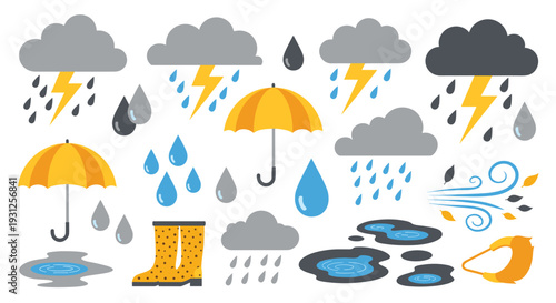 Collection of weather icons depicting rain storms lightning umbrellas and puddles with yellow boots and wind effects