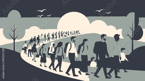 Refugees Walking Along a Path vector illustration