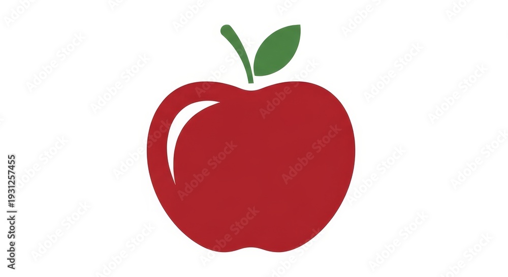 Fototapeta premium A solid deep red apple icon with a small green stem and leaf is perfectly centered on a white background.
