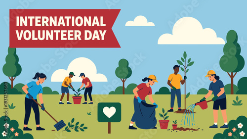 Volunteers Planting Trees Together vector illustration