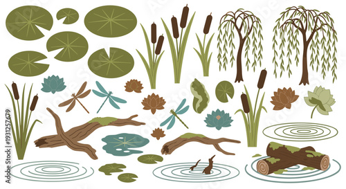 Serene pond ecosystem illustration featuring lily pads dragonflies cattails weeping willow trees and mossy logs in a tranquil natural setting