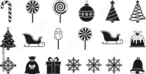 Christmas holiday icon set with candy cane, lollipop, snowflake, gift box, sleigh and tree in modern black silhouette vector style