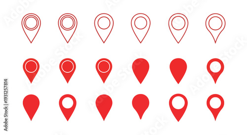 A diverse set of red location pin vector graphic icons for maps and navigation design.