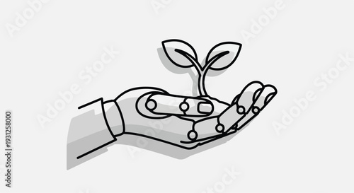 Robot Hand Holding a Young Plant Sprout Minimalist Illustration for Sustainability and Technology