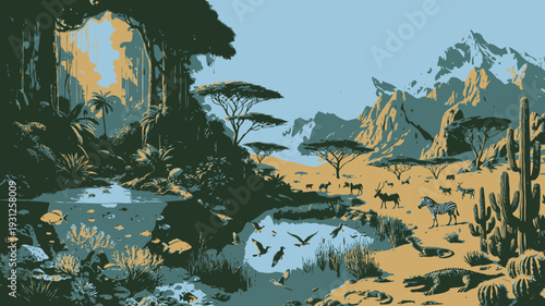 Serene Mountain Landscape with Watering Hole vector illustration