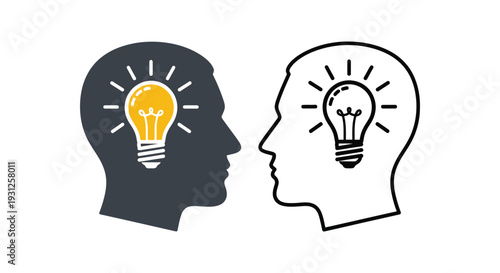 Two human head profiles facing each other with glowing light bulbs symbolizing creative thought and problem-solving