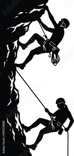 Black and white illustration of two rock climbers scaling a steep mountain cliff face Vector