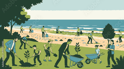 Community Beach Cleanup Effort vector illustration