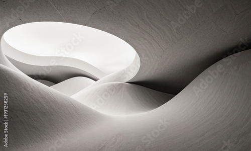 Abstract Wave Room. An empty studio where the walls and ceiling are composed of large, smooth, undulating wave-like forms. The