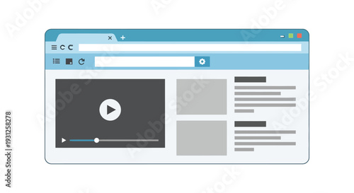 Simple flat vector graphic illustration of a generic web browser interface playing video content online