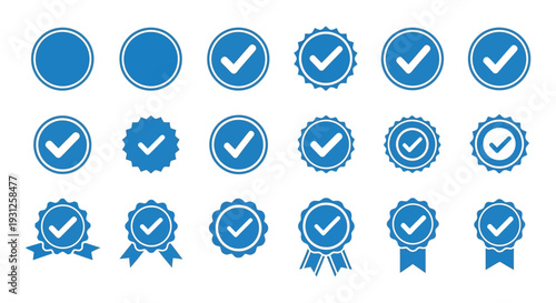 Collection of various blue checkmark verification badges and seals evolving into award ribbons graphic design.