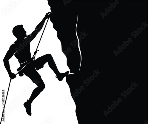 Silhouette of a climber scaling a steep rock face against a plain white background Vector