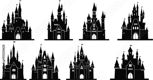 Black silhouette castle icon set featuring eight unique medieval fortress designs with towers, turrets, spires, and flags for fantasy, history, and architectural projects